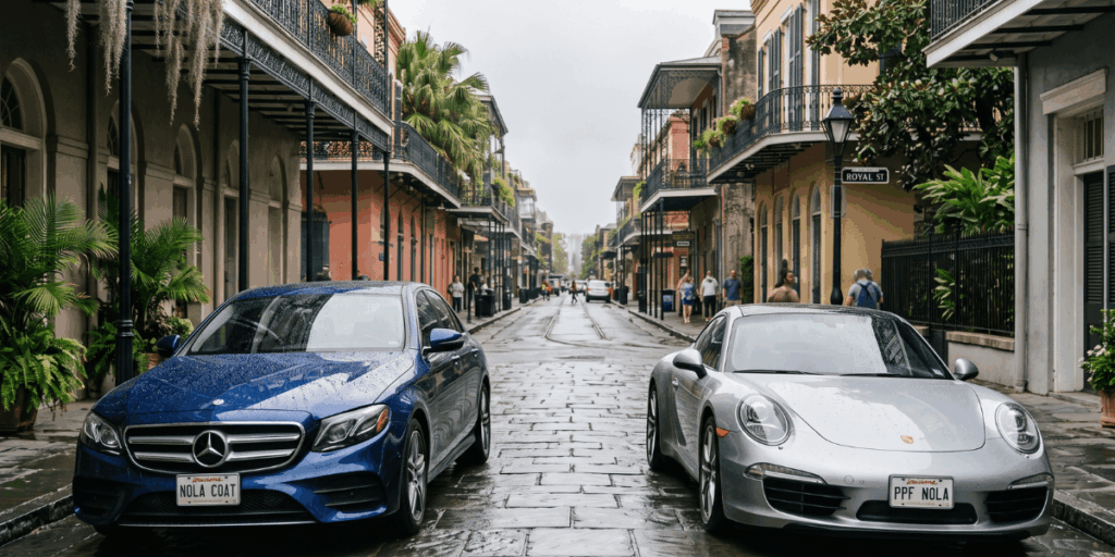 Two cars parked along a New Orleans street, surrounded by distinctive buildings and the lively character of the city.