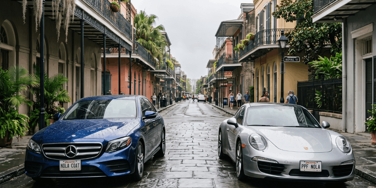 Two cars parked along a New Orleans street, surrounded by distinctive buildings and the lively character of the city.