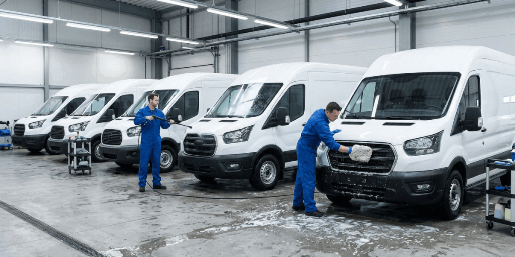 Workers engaged in washing vans within a garage, emphasizing their commitment to cleanliness and teamwork.