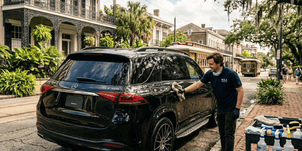 A man is actively washing his car on the street, using a sponge and bucket, with residential buildings in the background.