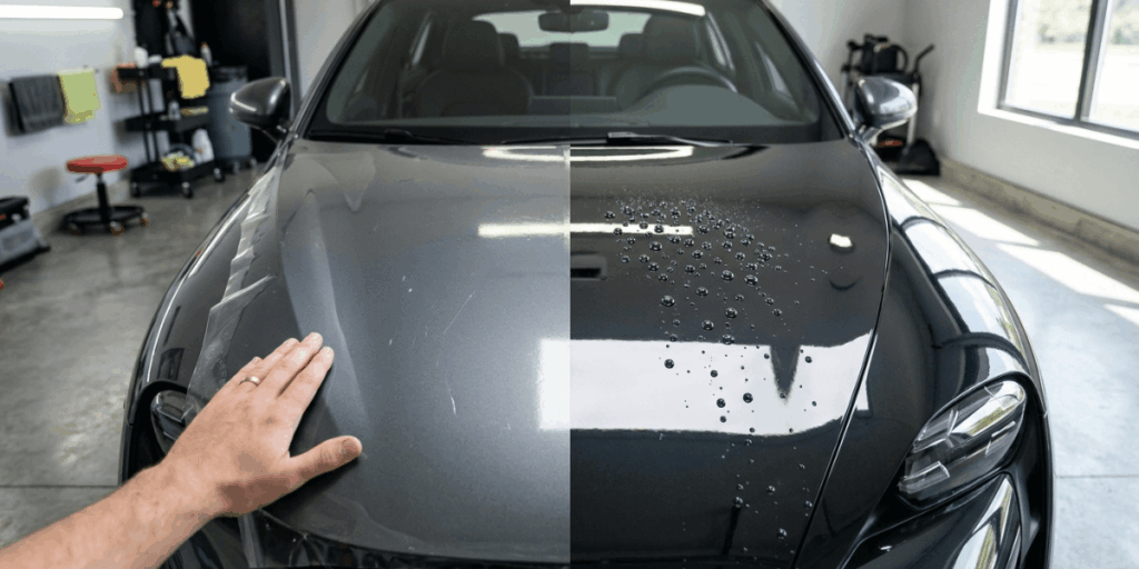 A person diligently cleaning a car with a sponge, surrounded by bubbles and water in a sunny environment.