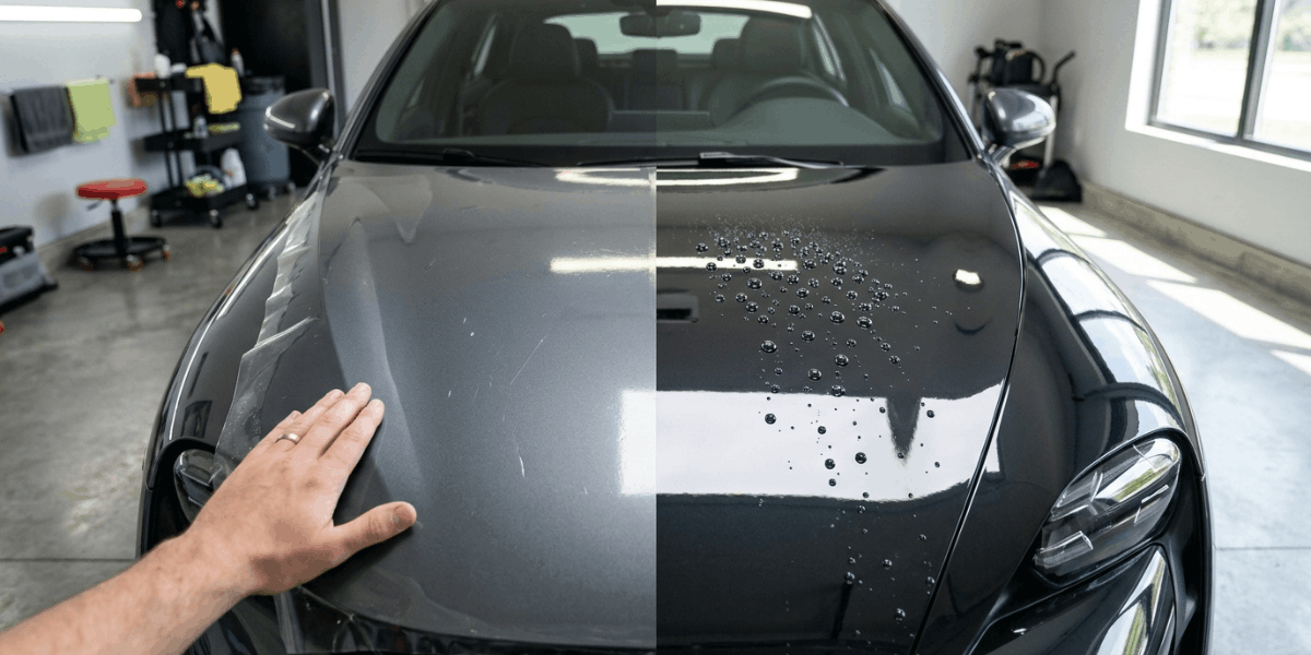 A person diligently cleaning a car with a sponge, surrounded by bubbles and water in a sunny environment.