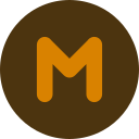 A circular logo featuring the letter "M" set against an orange and brown gradient background.