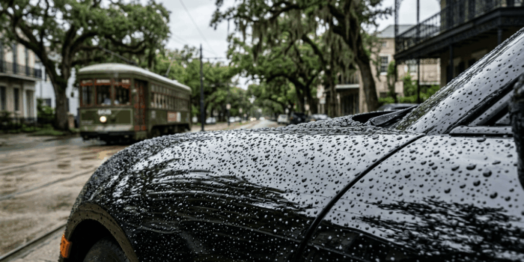 A car drenched in rain, illustrating the need for regular ceramic coating maintenance in humid New Orleans.