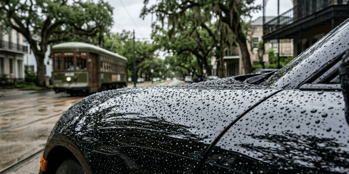 A car drenched in rain, illustrating the need for regular ceramic coating maintenance in humid New Orleans.