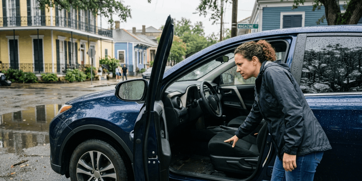 A woman leaves her car in the rain, representing the common problem of musty odors in cars after heavy rainfall.